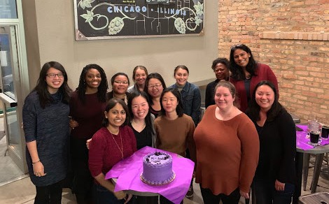 Group photo of women at the R-Ladies get-together behind a table with a large iced purple cake 